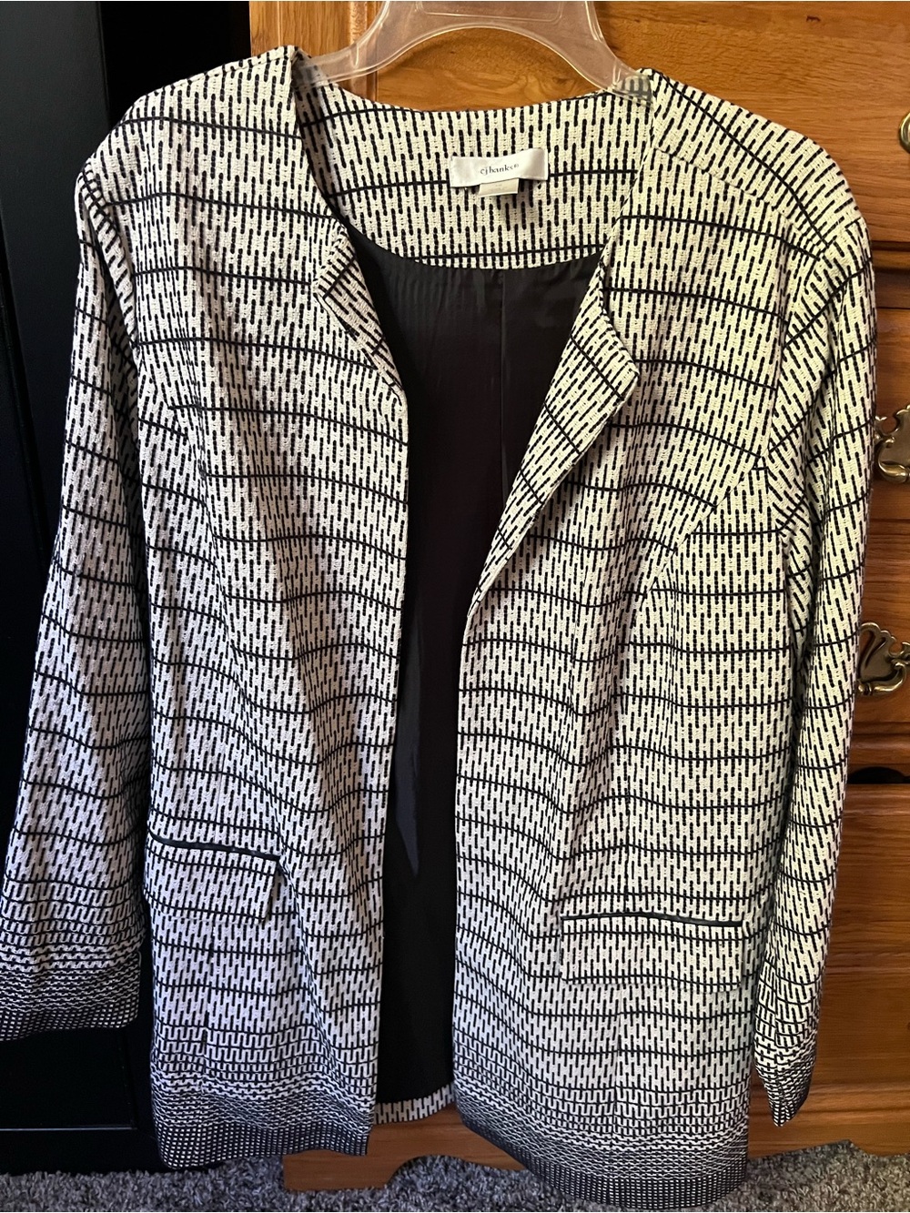 CJ Banks Black and White Textured Open-Front Blazer